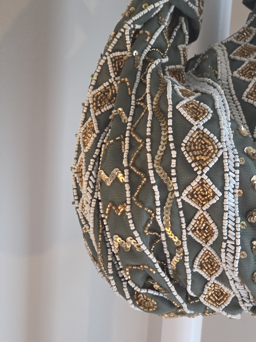 Zara Beaded Olive Green Hobo Bag - Elegant Handheld Shoulder Bag - Picture 3 of 7